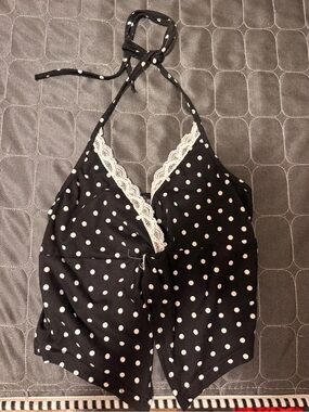 Women's Black Polka Dot Halter Top with Lace Trim